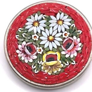 Italy Signed Vintage Red Micro Mosaic Flower Pin Brooch